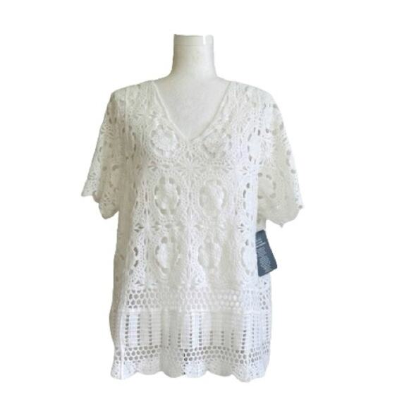 Roamans White French Crochet Short Sleeve Cotton Top Sweater Size 18/20 NEW - Picture 1 of 13